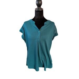 Teal Crochet Lace Shoulder Waffle Knit Babydoll Top Button Front
